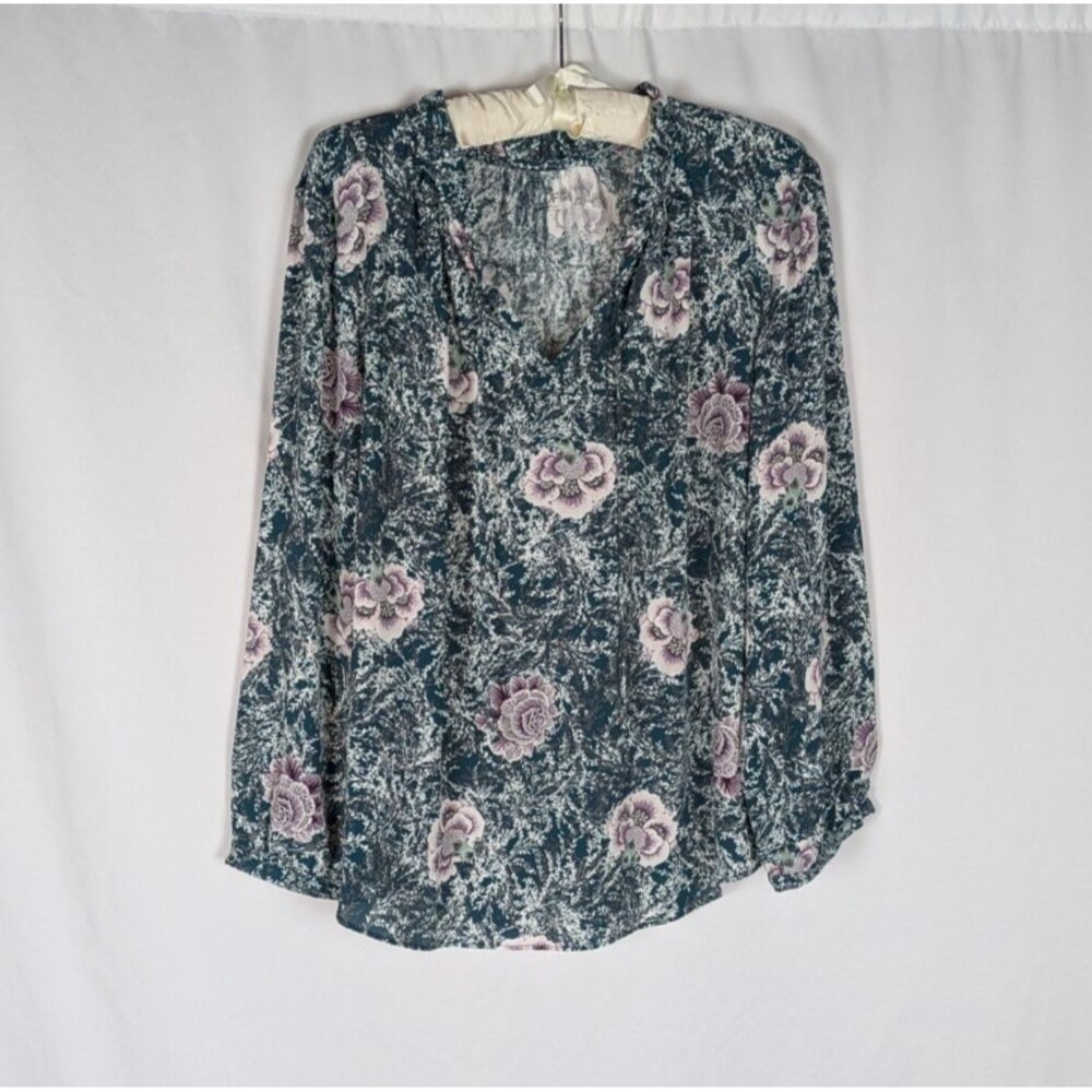 Loft Blouse L Women's Green Floral Long Sleeve Flowy Fit Pullover Vneck